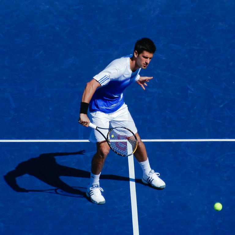 Novak Đoković (Djokovic) hits a volley during his second round match at the 2008 Pacific Life Open